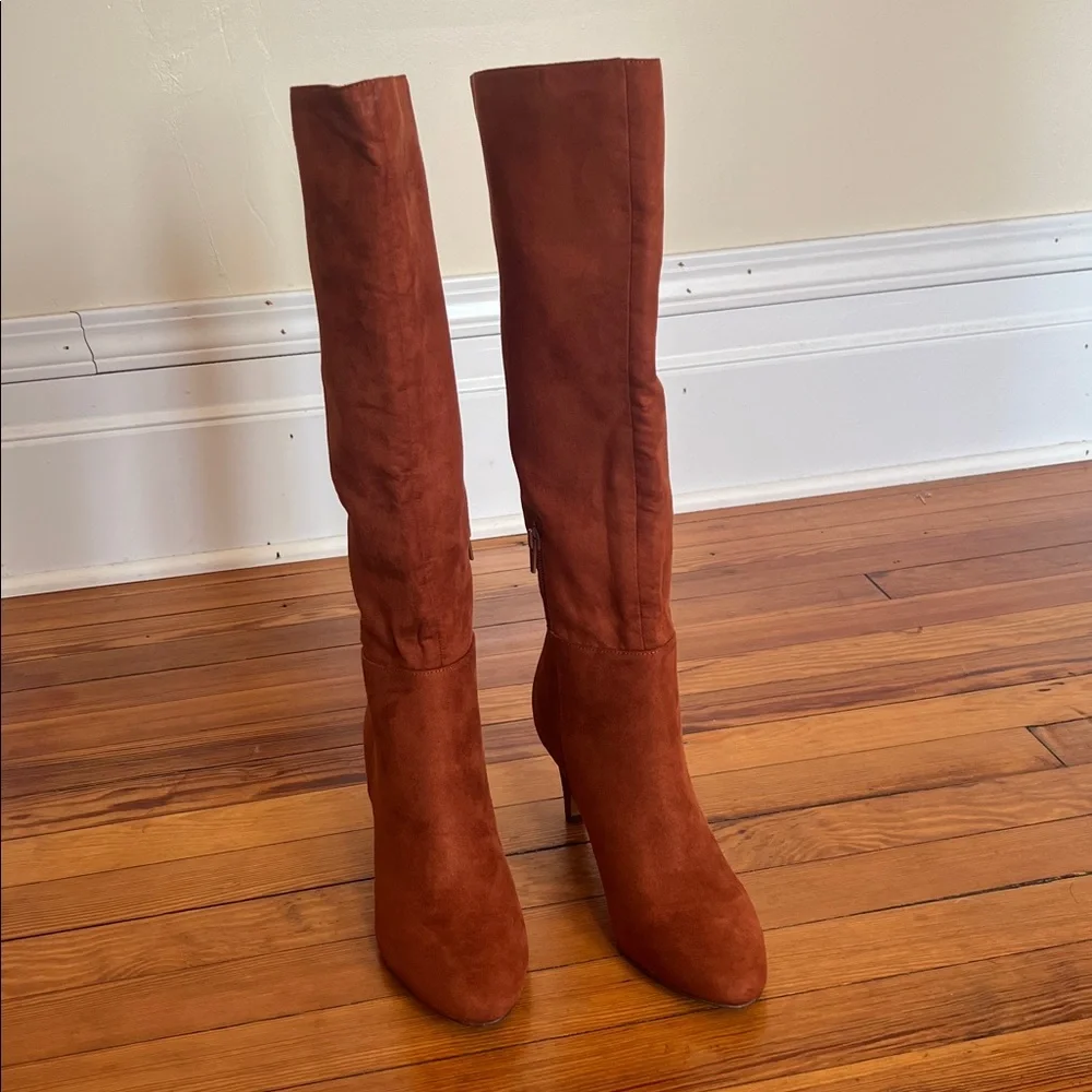 LOFT Chic Tipped Wanderweave Faux Suede Tall Heeled Boot Cognac Size 9 - Picture 5 of 12